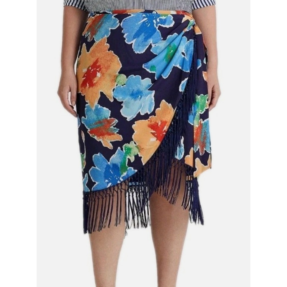 Ralph Lauren Womens 2 Tropical Fringe‎ Faux Wrap Skirt Navy Resort Cruise NEW